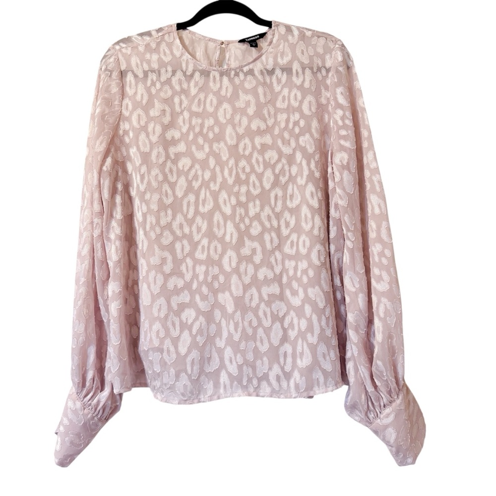 Express Blush Pink Leopard Print Appliqué Sheer Long Sleeve Blouse Size Large